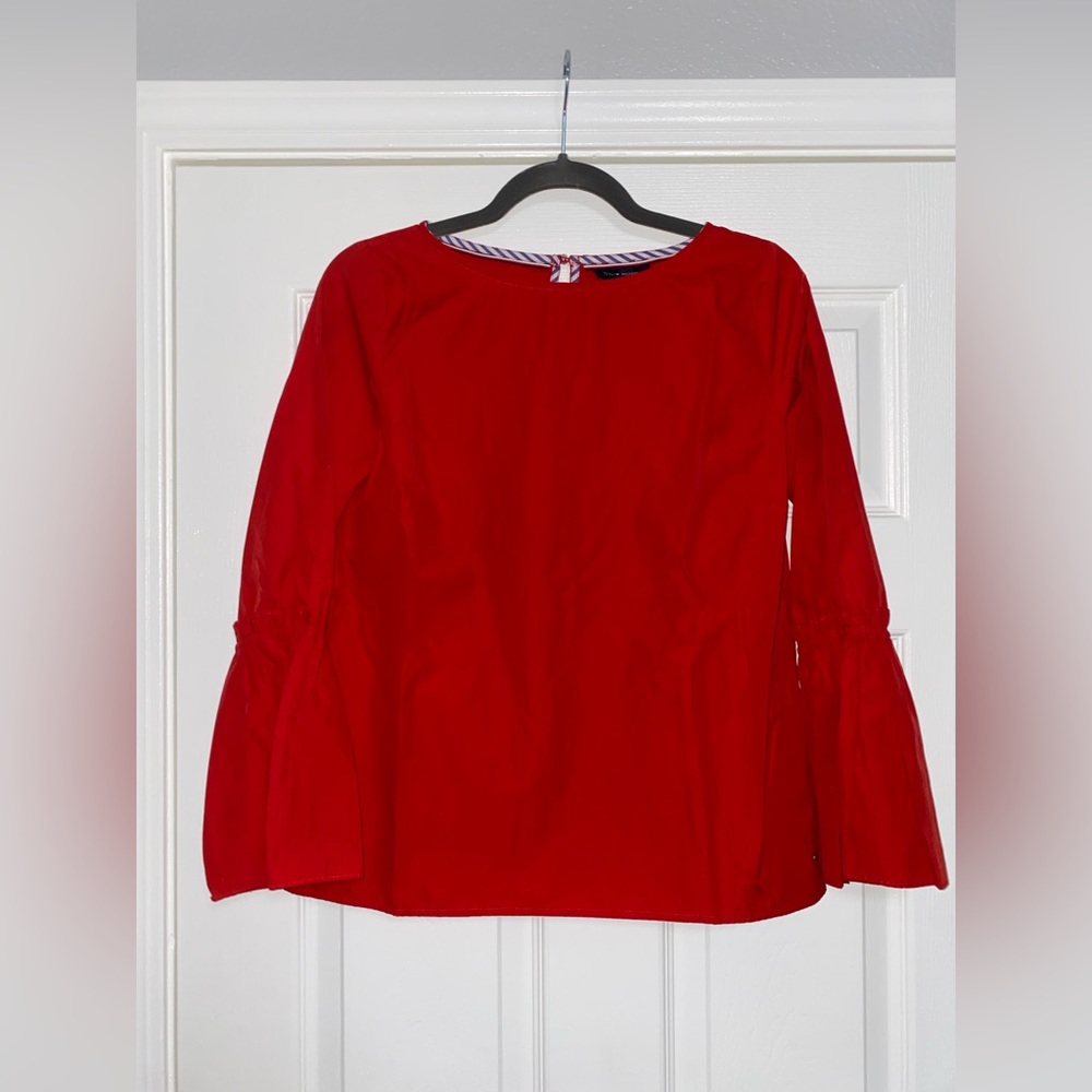 Tommy Hilfiger Red Blouse with Long Flare Sleeves, Size XS.